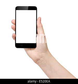 Weibliche Teenager Hand, die generische Smartphone, isoliert auf weiss Stockfoto