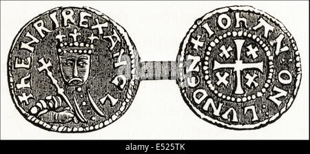 Silber Penny aus der Regierungszeit von Heinrich II., König von England im 12. Jahrhundert. Viktorianischen Holzschnitt, Kupferstich, ca. 1845. Stockfoto