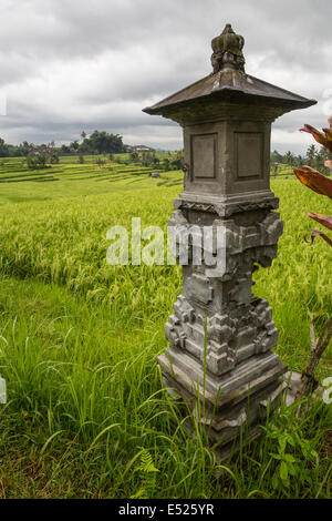 Jatiluwih, Bali, Indonesien.  Schrein, der Reis Göttin Sri.  Terrassierte Reisfelder in der Ferne. Stockfoto