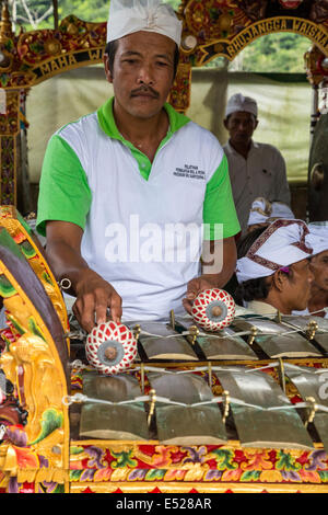 Jatiluwih, Bali, Indonesien.  Metallophon (Jegogan) Spieler in einem Gamelan-Orchester, Hindu-Tempel Luhur Bhujangga Waisnawa. Stockfoto