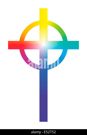 Christliches Kreuz mit kreisförmigen Regenbogen Verlaufsfarben und leuchtende Zentrum. Stockfoto