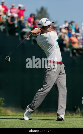 Stateline, Nevada, USA. 18. Juli 2014. Schauspieler LUCAS BLACK spielt in Edgewood Tahoe am ersten Tag des Wettbewerbs auf der 25. jährlichen amerikanischen Jahrhundert Championship. Bildnachweis: Brian Cahn/ZUMA Draht/Alamy Live-Nachrichten Stockfoto