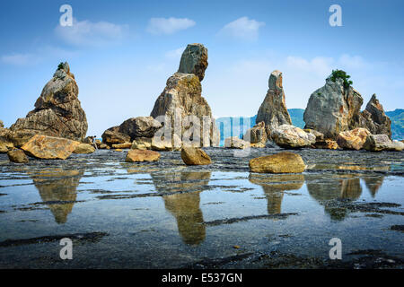 Kushimoto, Wakayama Präfektur, Japan. Küste bei Hashi-gui-Iwa Felsen. Stockfoto