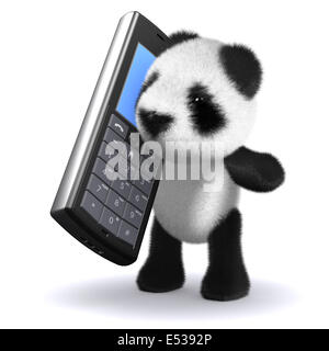 3D Rendering eines Baby-Panda-Bären mit einem Handy Stockfoto