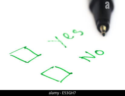 Ja und kein Kontrollkästchen mit einem Stift Stockfoto