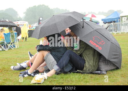 Nottingham East Midlands, UK.  19. Juli 2014. Festivalbesucher nehmen Sie Abdeckung unter Sonnenschirmen, wie ein Platzregen Glanz-Musikfestival in Wollaton Hall in Nottingham trifft. Bildnachweis: Deborah Vernon/Alamy Live-Nachrichten Stockfoto