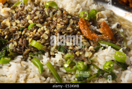 Nepal, Tikedungha, typische Nepali, Essen, Mahlzeit von dal Bhat Thali Platte, Reis und Linsen mit chillies Stockfoto