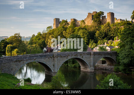 Ludlow Castle neben dem Fluss Teme mit Dinham Brücke, Ludlow, Shropshire, England Stockfoto