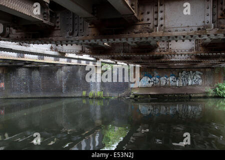 Szene entlang des Schwemmkanals Lea in East London, UK. Der Fluss Lea ist einer der größten Nebenflüsse der Themse. Ein Großteil der Lee-Navigation ist Lea Valley Park, ein Multi-Grafschaft Regionalpark und Freiraum zu bewahren. Straße und Graffiti ist ein regelmäßiger Anblick entlang des Kanals. Stockfoto