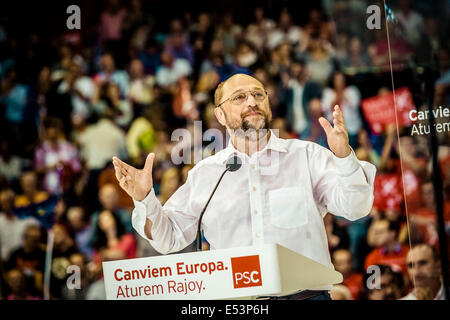 Barcelona, Spanien. 21. Mai 2014. MARTIN SCHULZ, Präsident des Europäischen Parlaments und Rennen um die Präsidentschaft der Europäischen Kommission spricht bei der zentrale Wahlversammlung des PSC in Barcelona. © Matthias Oesterle/ZUMA Wire/ZUMAPRESS.com/Alamy Live-Nachrichten Stockfoto