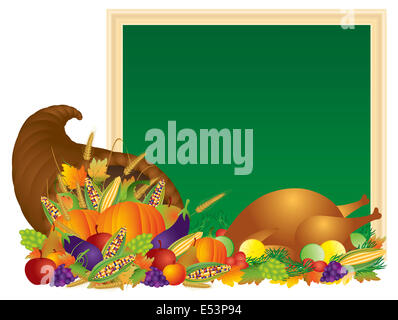 Thanksgiving Day Herbst Ernte Füllhorn mit Türkei Abendessen fest Kürbisse Obst und Gemüse mit Tafel-Zeichen illustrati Stockfoto