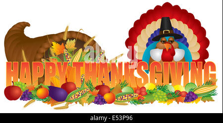 Happy Thanksgiving Text Füllhorn mit reiche Herbst Ernte und Pilger Türkei isoliert auf weißem Hintergrund Illustration Stockfoto