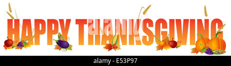 Happy Thanksgiving Farbe Text mit Obst Gemüse Kürbis Weizen Getreide Herbst Blätter Illustration Stockfoto
