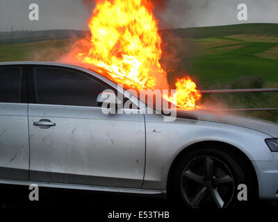 Torrance, East Dunbartonshire, Schottland, Großbritannien. 19. Juli 2014.  Pkw-Fahrer hat Glück gehabt, die Verwaltung zu seinem Auto ziehen vorbei, bevor es in Flammen Kredit platzen: ALAN OLIVER/Alamy Live News Stockfoto