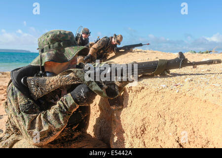 Japanischen Boden Selbstverteidigung Scout Schwimmer Sonderbetrieb Soldaten festhalten am Strand und üben kleine Maßeinheit Niveau Techniken im Rahmen des Austauschprogramms für Japan Beobachter am Kin Blue Beach 16. Juli 2014 in Okinawa, Japan. Stockfoto