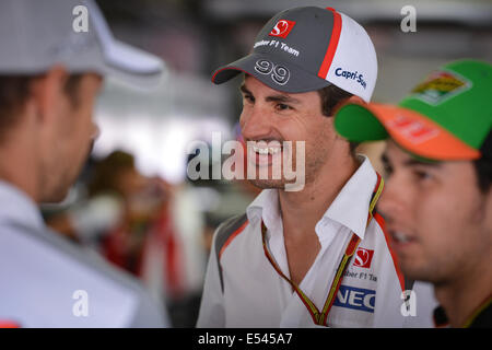 Hockenheim, Deutschland. 20. Juli 2014. Deutsche Formel-1-Fahrer Adrian Sutil (C) Sauber von spricht mit britischen Formel1-Fahrer Jenson Button von McLaren Mercedes (L) und mexikanische Formel Eins Fahrer Sergio Perez von Force India vor dem Grand Prix von Deutschland auf dem Hockenheimring Circuit in Hockenheim, Deutschland, 20. Juli 2014. Foto: David Ebener/Dpa/Alamy Live News Stockfoto