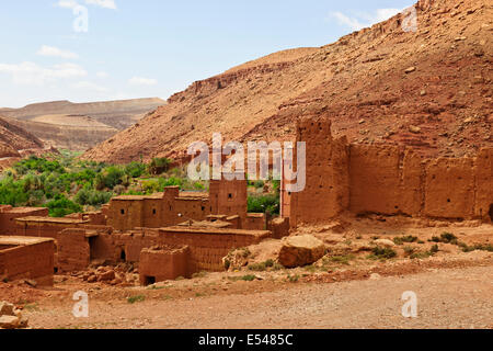 Ait dadkht omazia Dorf, in der Nähe von Ait bennhaddou, grüne fruchtbare Flusstäler, Landwirtschaft, Nussbaum, Pfirsichbäume blühen, morocc Stockfoto