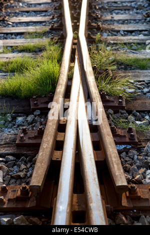 Gleisschalter, alte Eisenbahnpunkt-Holzscheren, Gleislinie Stockfoto