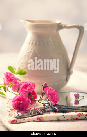 Stamm des geschnittenen rosa Rosen auf Spiegel mit leeren Antik Krug im Hintergrund Stockfoto
