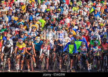 Radfahrer bereit um zu beginnen 2014 Argus Cycle Tour, Cape Town, Südafrika Stockfoto