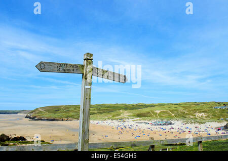 Süd West Coast Weg Zeichen in der Nähe von Perranporth in Cornwall, Großbritannien Stockfoto