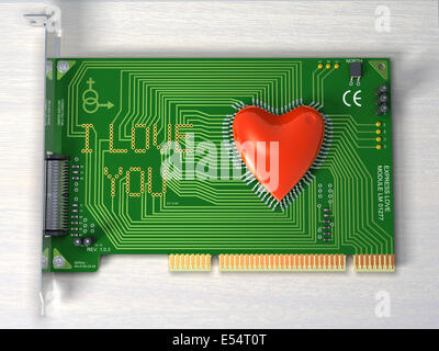 Fantasie-PCI-Karte für die Liebe. Futuristisch und konzeptionelle 3d Darstellung zum Thema Liebe, Roboter, Computer, Hi-Tech, etc.. Stockfoto