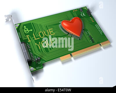 Fantasie-PCI-Karte für die Liebe. Futuristisch und konzeptionelle 3d Darstellung zum Thema Liebe, Roboter, Computer, Hi-Tech, etc.. Stockfoto