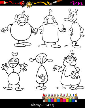 Coloring Book oder Seite Cartoon Illustration von Black And White Fantasy-Charaktere oder Aliens für Kinder Stockfoto