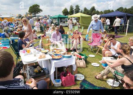 Zuschauer genießen Picknicks bei Veuve Clicquot Gold Cup, British Open Polo Championship, Cowdray Park Polo Club Midhurst England UK Stockfoto