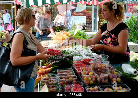 Frau Obst zu kaufen, von Lieferanten in der Farmers Market Bereich bei Southsea Food fair Festival 2014 England uk Stockfoto