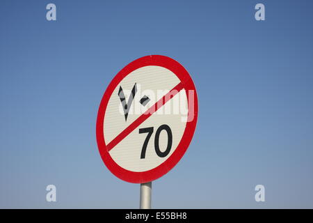 Ein Schild mit Ziffern in Arabisch und Englisch Sprichwort Geschwindigkeitsbegrenzung 70 Kilometer pro Stunde, im Königreich Bahrain Stockfoto