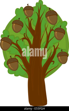 Abbildung von einem großen Cartoon Eiche Baum mit hellen und dunklen Blättern, braunen Stamm und Äste. Isoliert. Stockfoto