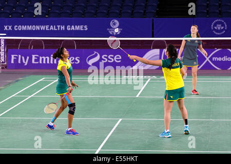 Emirates Arena, Glasgow, Schottland, Großbritannien, Montag, Juli 2014. Team Australia trainiert am Austragungsort der Glasgow 2014 Commonwealth Games Badminton-Wettbewerbe Stockfoto