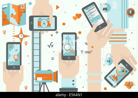 Flaches Design Illustration Konzept der verschiedenen mobilen Anwendungsnutzung in Wirtschaft, Sport, soziale und Lebensstil wird Stockfoto