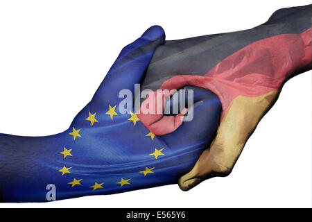 Diplomatischen Handshake zwischen den Ländern: Flaggen der Europäischen Union und Deutschland überdruckte die beiden Hände Stockfoto