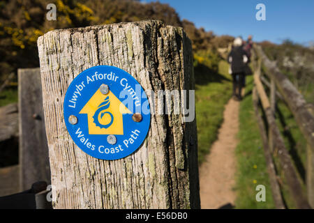 England, Wales, Gwynedd, Lleyn Halbinsel, Aberdaron, Uwchmynydd, Wales Coast Path Post auf Klippenwanderung Stockfoto