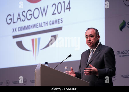 SECC Main Press Center, Glasgow, Schottland, Großbritannien, Dienstag, Juli 2014. Alex Salmond, Schottlands erster Minister, bei der Pressekonferenz zur offiziellen Begrüßung von Glasgow 2014 Commonwealth Games Accredited Media in Glasgow Stockfoto