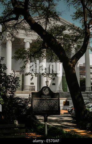 Eine informative Tafel und stattlichen Eiche Hüllen den Eingang zum historischen, stattliche Christus Kirche Episcopal, Savannah, GA Stockfoto