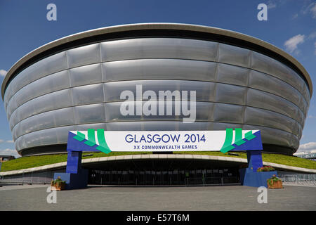 SSE Hydro, SECC Precinct, Glasgow, Schottland, Großbritannien, Dienstag, 22. Juli 2014. Einen Tag bis zur Eröffnungszeremonie der Commonwealth Games in Glasgow 2014 warten die Veranstaltungsorte auf Zuschauer und Teilnehmer Stockfoto