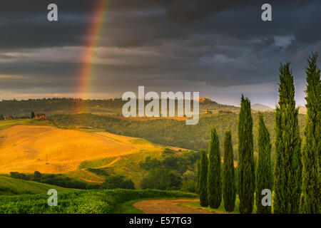 Regenbogen mit berühmten Zypressen liegt im Herzen der Toskana, in der Nähe von Pienza, Italien