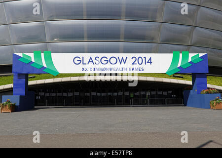 SSE Hydro, SECC Precinct, Glasgow, Schottland, Großbritannien, Dienstag, 22. Juli 2014. Einen Tag bis zur Eröffnungszeremonie der Commonwealth Games in Glasgow 2014 warten die Veranstaltungsorte auf Zuschauer und Teilnehmer Stockfoto