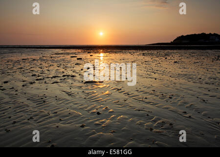 Whitstable, Kent, UK 23. Juli 2014. Morgendämmerung am Whitstable als der Sonnenaufgang leuchtet einige Wellen im Sand. Das Wetter wird sich voraussichtlich für die nächsten paar Tage warm und sonnig sein, aber mit möglichen Duschen für das Wochenende. Stockfoto