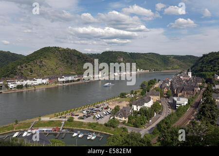 Rheintal mit St. Goar und St. Goarshausen, Unesco Welt Kulturerbe Oberes Mittelrheintal, Rheinland-Pfalz, Deutschland Stockfoto