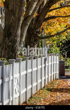 Charmanten weißen Lattenzaun mit Herbstfarbe, Woodstock, Vermont, USA Stockfoto