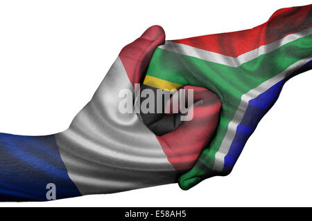 Diplomatischen Handshake zwischen den Ländern: Flaggen Frankreich und Südafrika überdruckte die beiden Hände Stockfoto