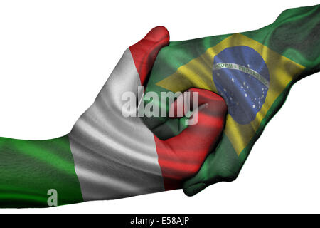 Diplomatischen Handshake zwischen den Ländern: Flagge von Italien und Brasilien überdruckte die beiden Hände Stockfoto