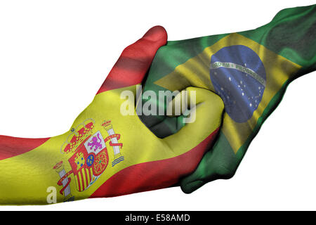 Diplomatischen Handshake zwischen den Ländern: Flaggen von Spanien und Brasilien überdruckte die beiden Hände Stockfoto