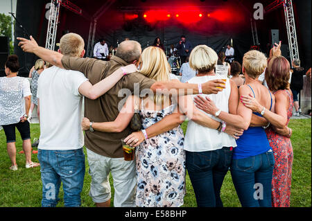 FestivalbesucherInnen amüsieren sich auf dem Festival in Brentwood. Stockfoto