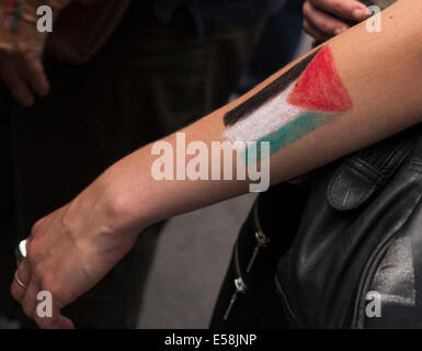 Paris, Frankreich. 23. Juli 2014. Palestinan Flagge gemalt auf dem Arm eines Mädchens, die Teilnahme in der Pro-palästinensische Protest in Paris, Frankreich. Die Regierung ermächtigt den Protest in Paris gegen die israelische Offensive im Gazastreifen nach Gesprächen mit den Organisatoren, die "Sicherheitsgarantien", gab Premierminister Manuel Valls sagte. Bildnachweis: Cecilia Colussi/Alamy Live-Nachrichten Stockfoto