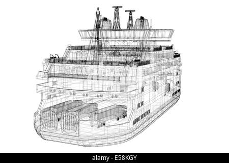 Fähre Cargo 3D Modell Karosseriestruktur, Drahtmodell Stockfoto